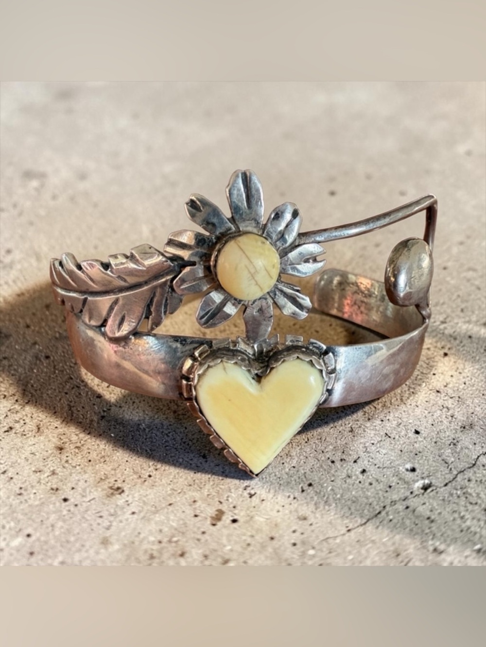 Navajo Artist Bill Kirkham Sterling Floral Leaf and Heart Cuff Bracelet